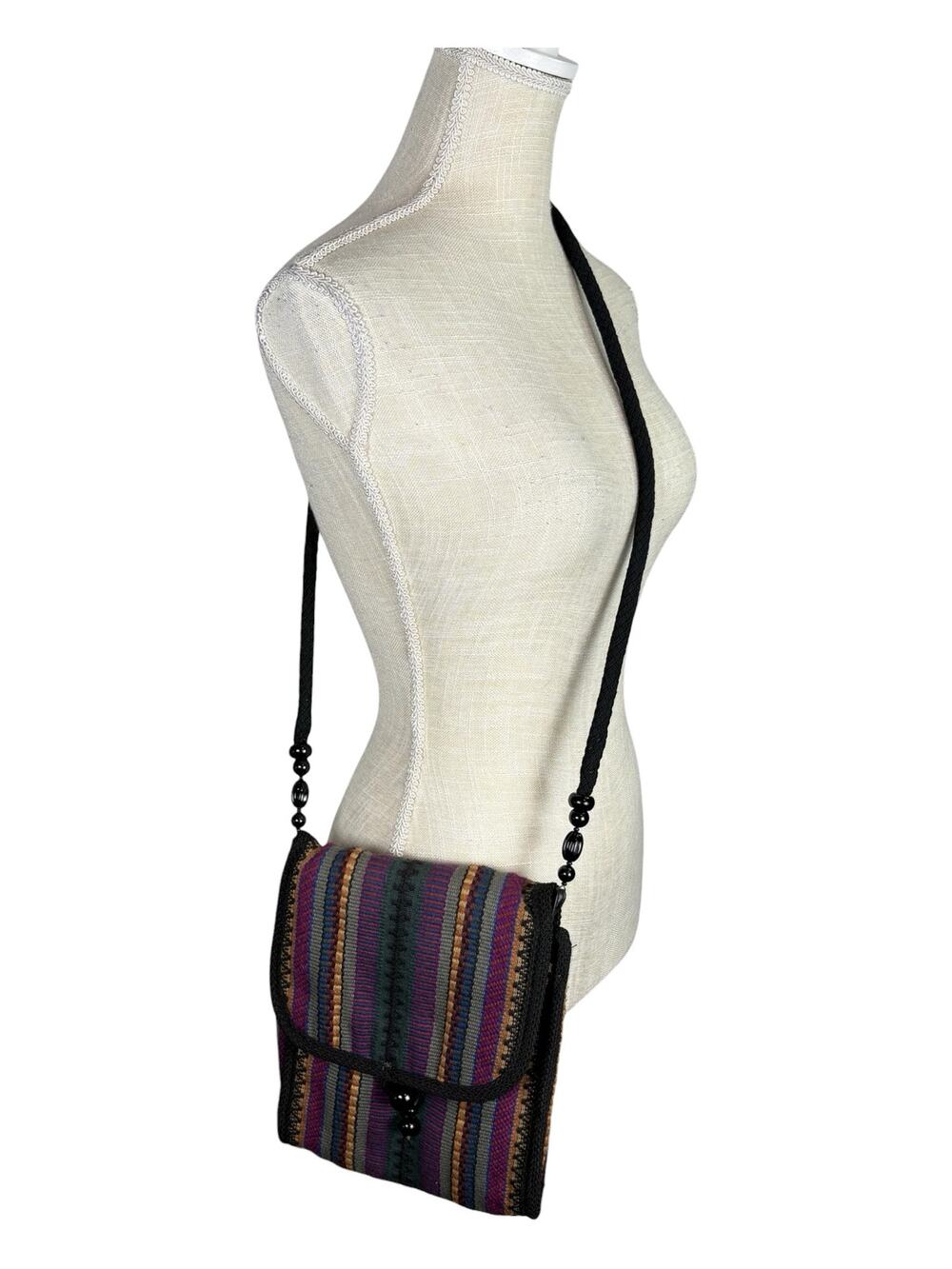 Vintage 90s Rafael Sanchez Woven Fabric Crossbody Bag  Beads Southwestern Boho